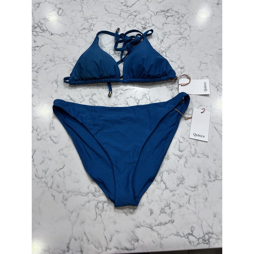 NWT Quince Teal Lagoon Blue Italian Triangle Bikini Top & Low Rise Bottom Large
